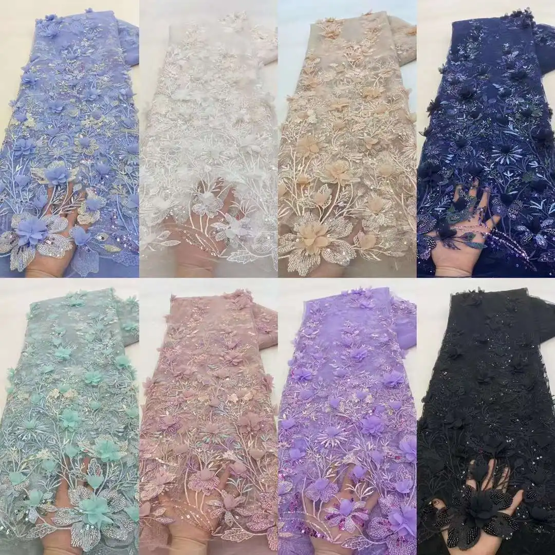 Latest Luxury African Beaded Lace Sequins Tulle Fabric 2023 French 3D Flower Embroidered Applique Fabric For Sewing Material