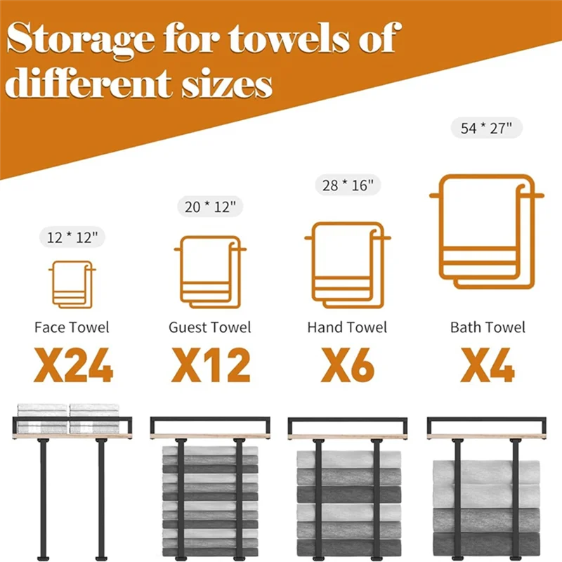 

AT44-1 Piece Towel Racks Metal Towel Holder Towel Racks For Bathroom Wall Mounted With Wooden Shelf For Folding Towels,Black