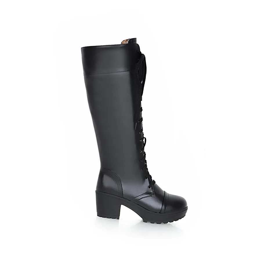 Winter Snow Boots Women Fashion Knee High Boot Casual Punk Heels Lace up Black White Footwear Long Shoes Ladies Large Size 45 48