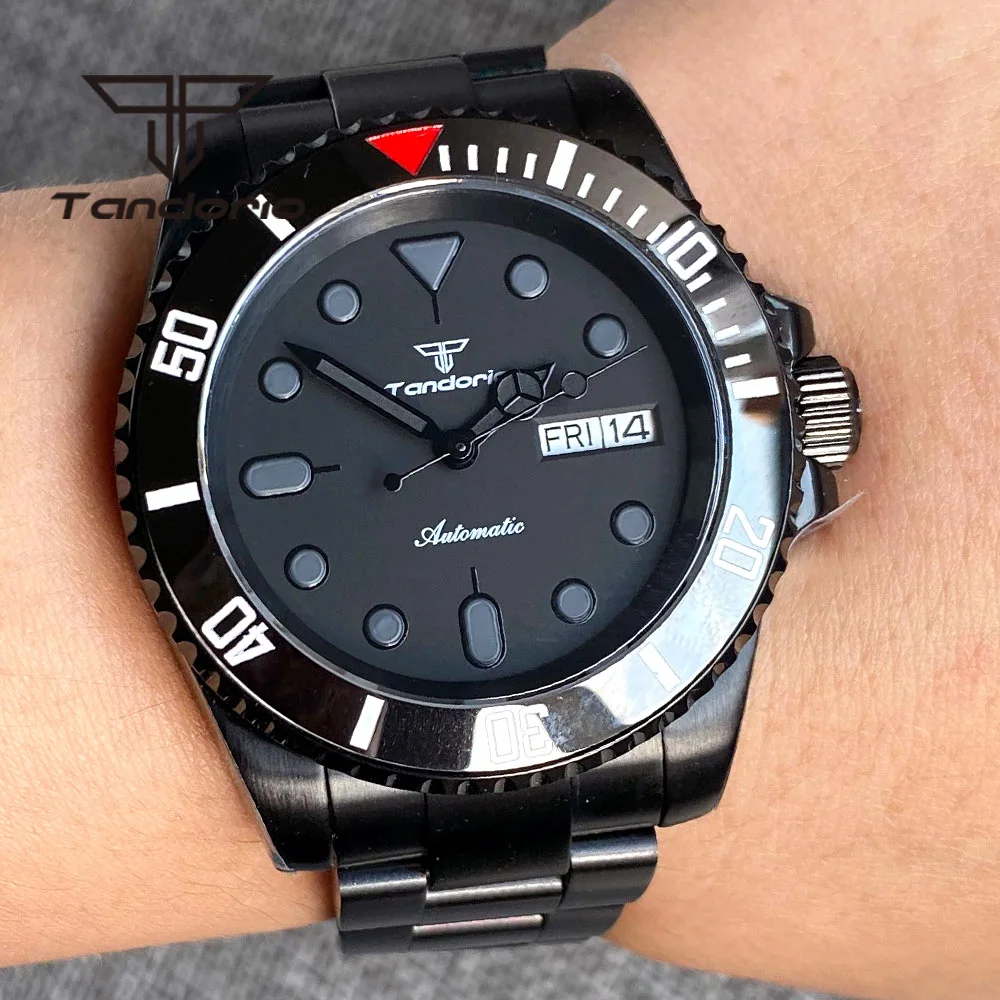 Tandorio Schwarz PVD NH36A 40mm Automatische Armbanduhr für Männer Keramik Rotierenden Lünette Saphirglas Woche Datum Display
