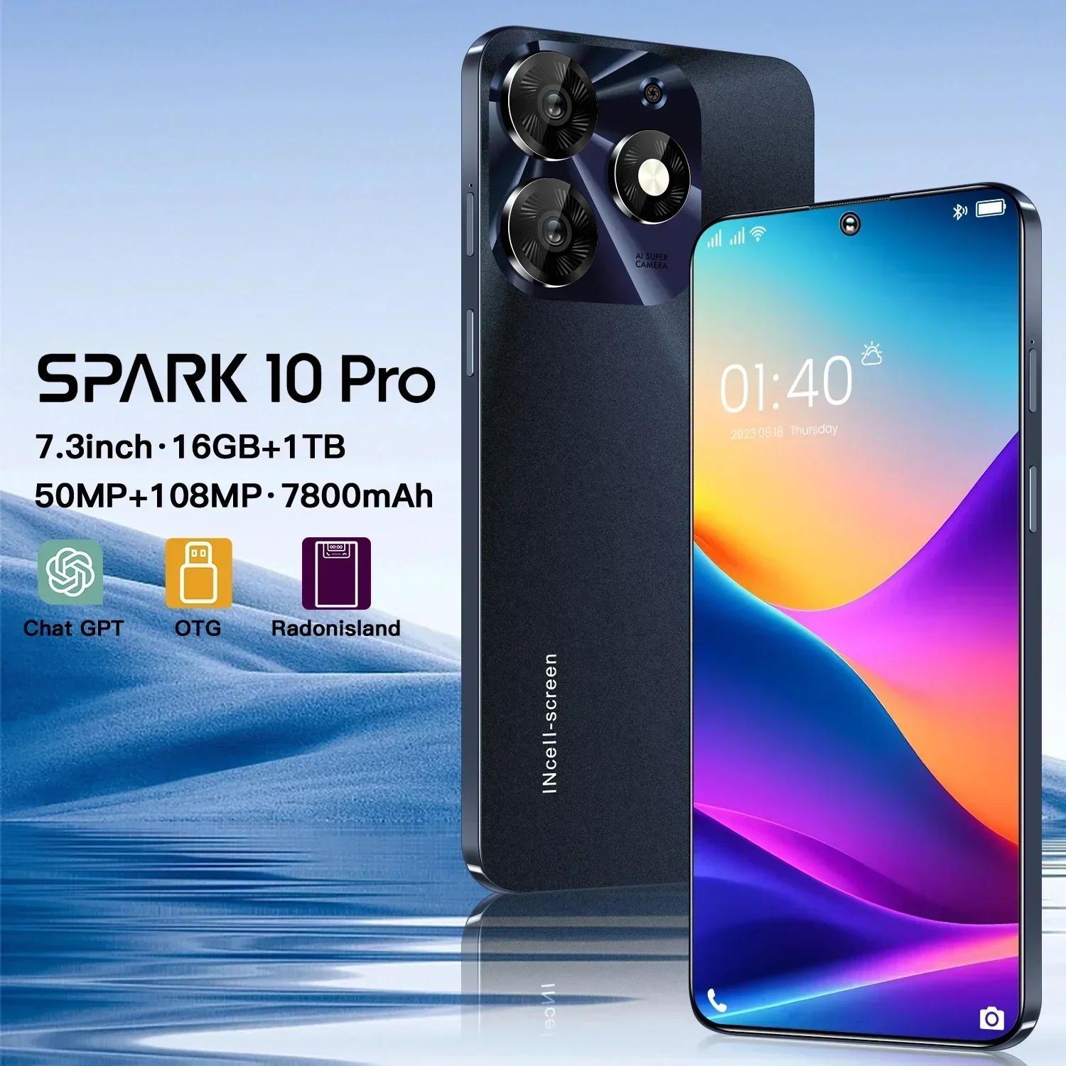 Spark 10 Pro Smartphone 5G 7.3inch HD Original 108MP Mobile Phones Dual SIM Card Cell Phone Global Version Android 13 Cellphones