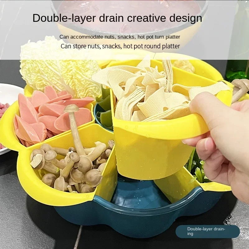 Large capacity drain plastic vegetable basket Rotating creative home hot pot plate Double kitchen food platter Vegetable basket