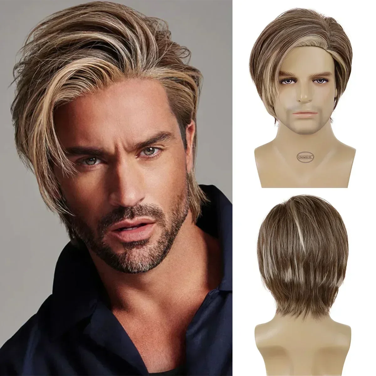 GNIMEGIL Men\'s Wig Natural Short Straight Synthetic Wigs for Men Brown Mix Blonde Highlight Wig Male Side Parting Bangs Cosplay