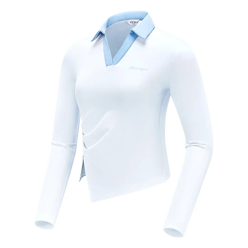 TTYGJ Autumn Women Fast Dry Pleated Golf T-shirt Ladies V-neck Long Sleeve Tops Lapel Split Shirt Leisure Training Golf Clothing