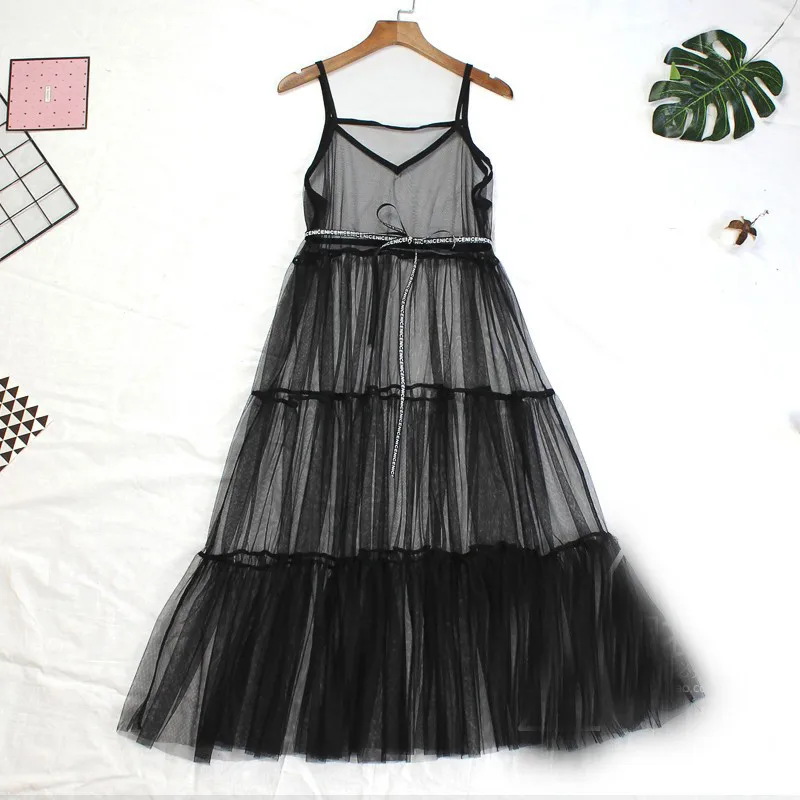 Summer Sexy V Neck Mesh Spaghetti Strap Dress Women Tie Bow Belt Lace Overall Dresses Lady Fairy A Line Large Hem Long Vestidos