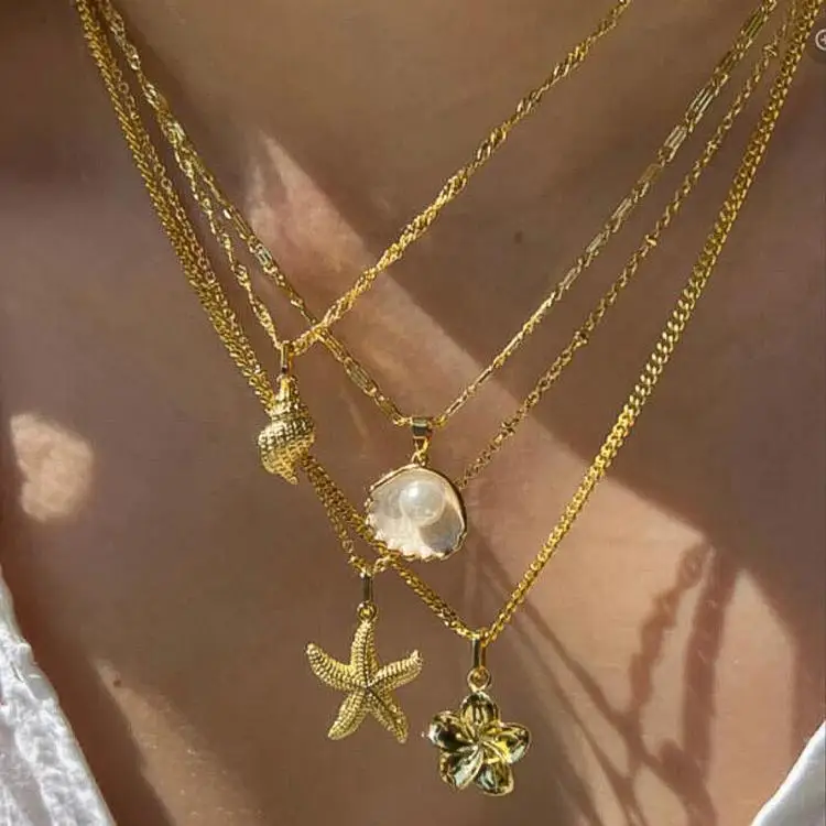 Resin Pearl Starfish Shell Conch Flower Necklace Set Layered Ocean Style Delicate Summer Jewelry for Women