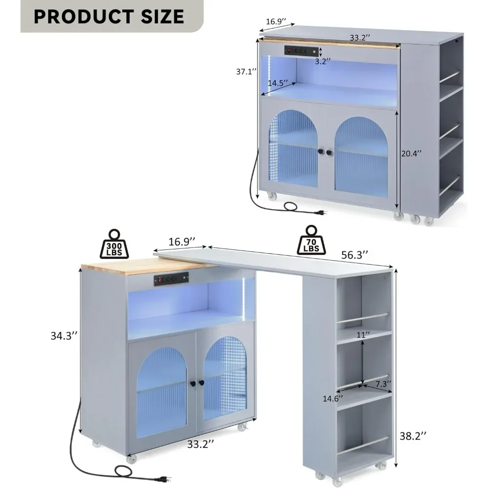 Rolling Kitchen Island with Extended Table and LED Lights,Storage Cart on Wheels W/Power Outlets & 2 Fluted Glass Doors,Grey