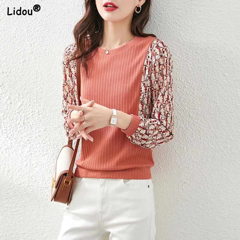 

Women's Clothing Office Lady Elegant Fashion Casual T-Shirts Loose Pullovers Patchwork Spring Summer Thin Solid Colo Round Neck