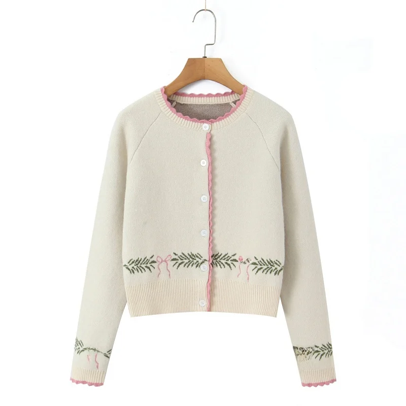 

Милый мягкий вязаный кардиган с круглым вырезом Ne на одной пуговице с вышитой волной, осенне-зимний универсальный женский топ