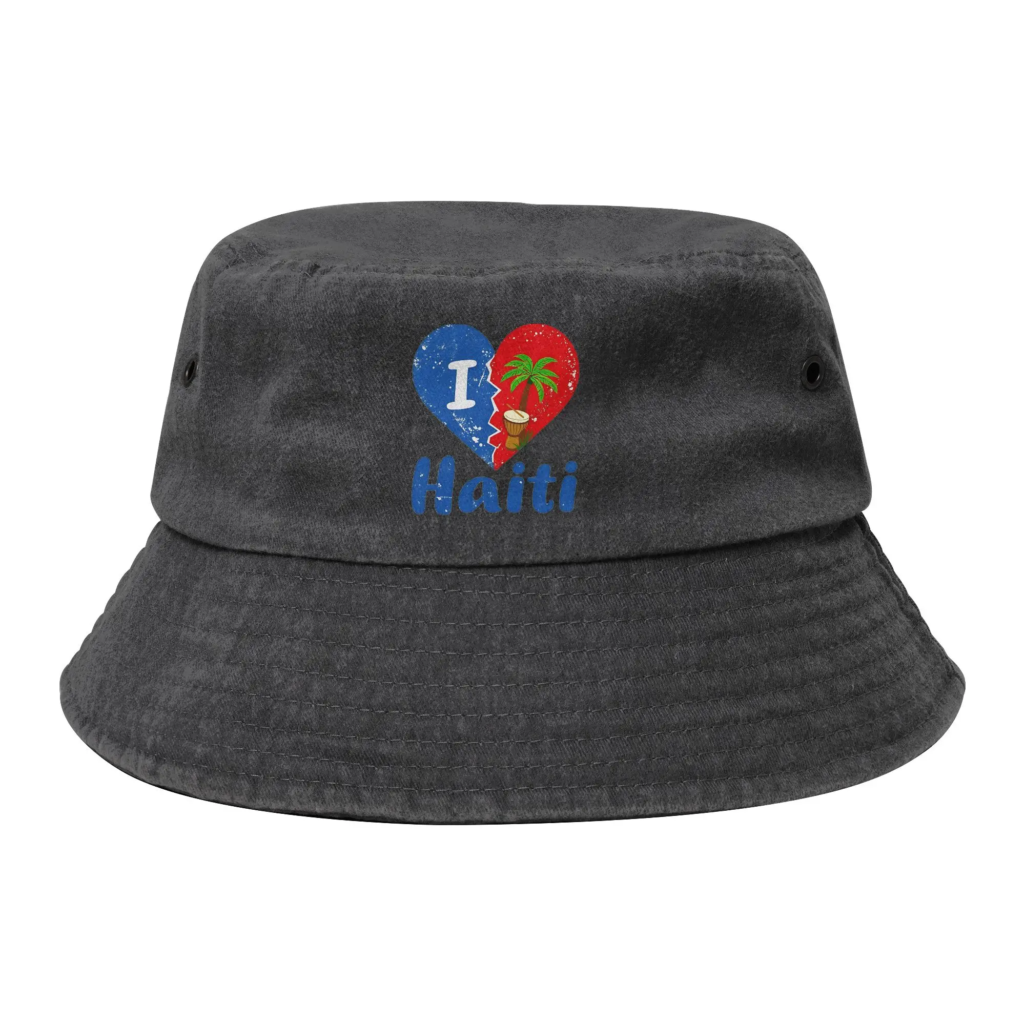 Trendy Haiti Flag Cotton Bucket Hat For Unisex  Washed Distressed Bob Hat Vocation Getaway Headwear