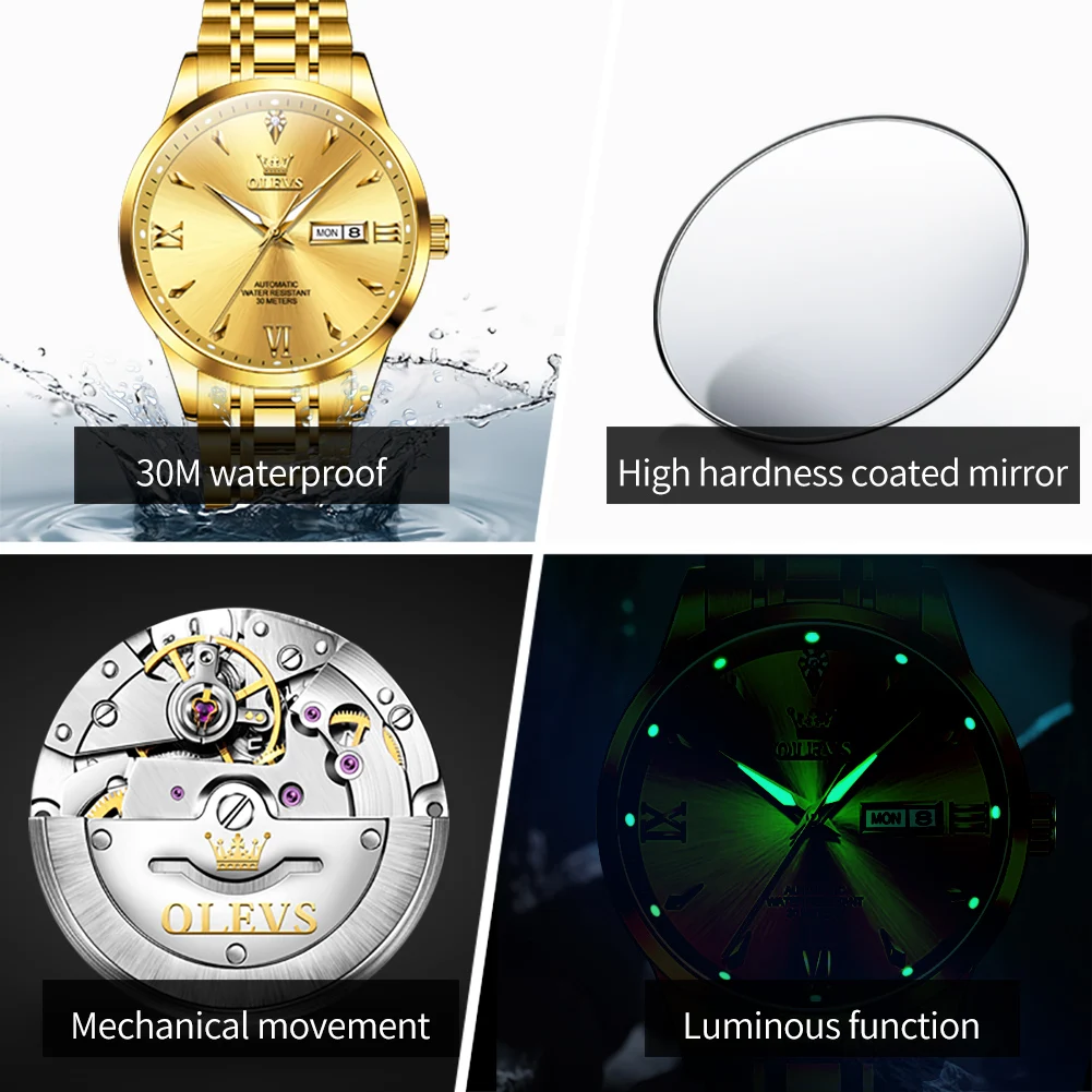 OLEVS 9956 Couple Watch for Men Women Ducal Calendar Diamond Roman Scale Luxury Business Lover's Automatic Mechanical Wristwatch