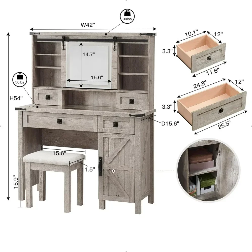 Penteadeira Farmhouse, penteadeira de bancada de vidro de 42 polegadas com 2 gavetas e prateleiras, incluindo cadeiras