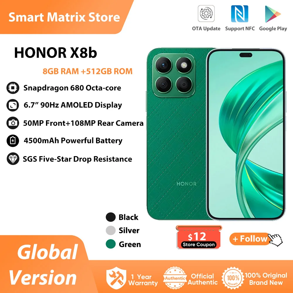 

HONOR X8b 4G Smartphone 6.7 inches 90Hz Display 108MP Camera 4500mAh Battery 8GB RAM 512GB ROM Drop Resistance