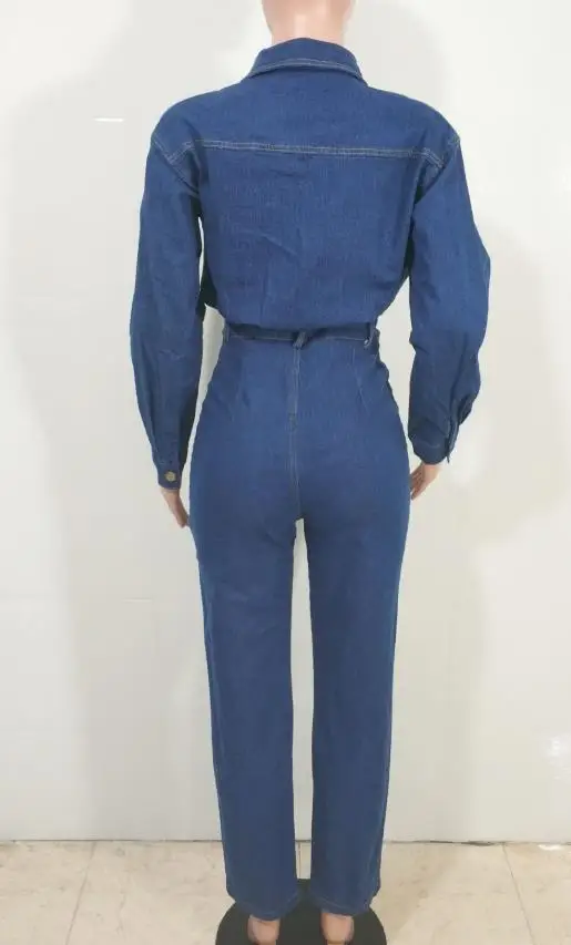 بذلة حريمي 2026 جديد ربيع الخريف بلون بدوره إلى أسفل طوق جيب تصميم كم طويل عالية الخصر بذلة الدنيم عادية #3