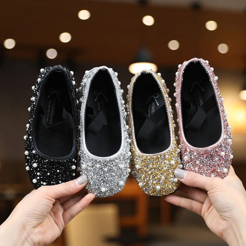 Children\'s Leather Shoes Spring Autumn New Shiny Rhinestone Girls\' Princess Shoes Fashion Flat Kids Single Shoes J140