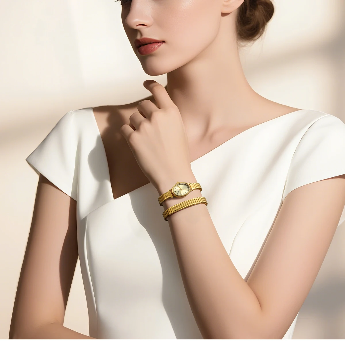 BERNY Goldene Uhren für Damen, luxuriöses goldenes elastisches Armband, elegante, leicht ablesbare Damenuhr, Stretch-Armband, Kleiderarmbanduhr – Detail 11