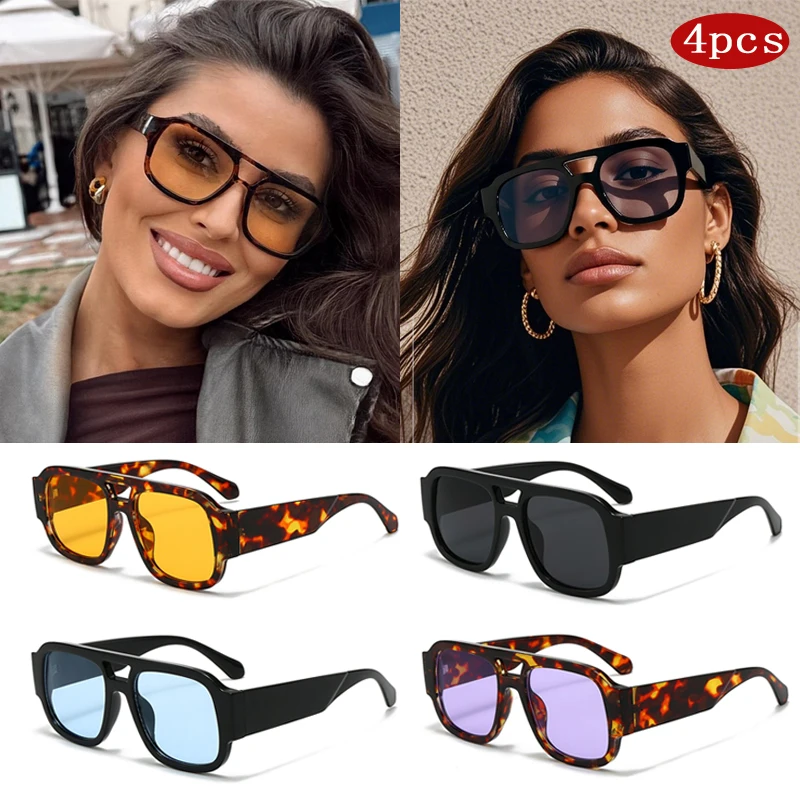 

Car Sunglasses 4pack Classics Square Sun Glasses Women Large Frame Double Bridges Glasses Candy Color Wide Legs Outdoor Shades