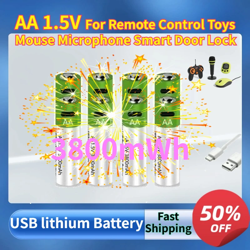 

AA 1.5V 3800mWh Rechargeable Li-ion Battery with TYPE-C for Remote Control Toys Mouse Microphone Smart Door Lock Replaceable