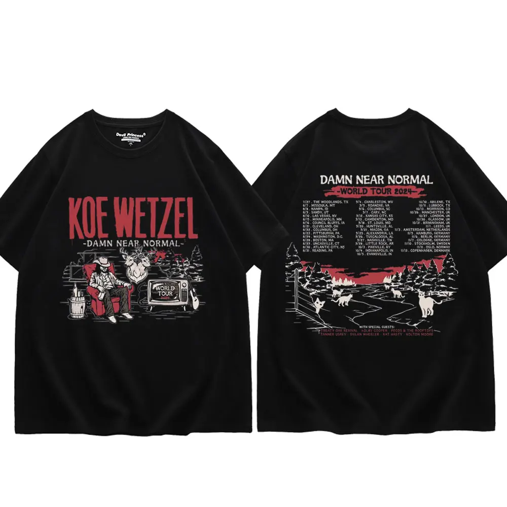 Singer Koe Wetzel Damn Near Normal World Tour 2024 T-shirt Fashion Vintage Short Sleeve T-shirts Unisex Casual Loose Cotton Tees