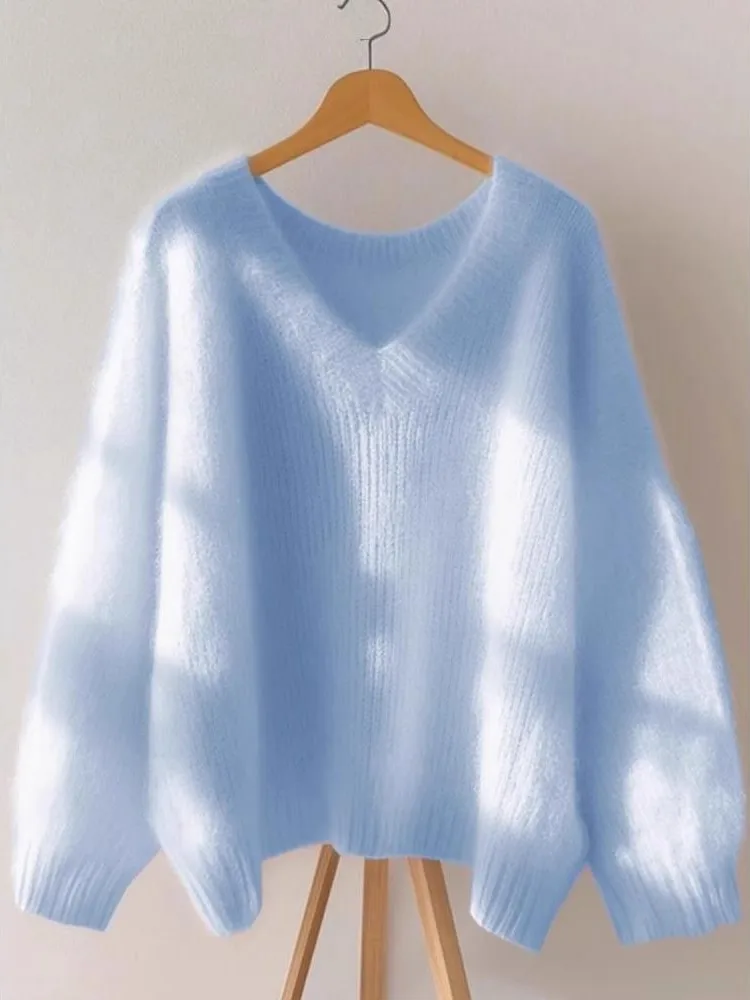 

Мягкий уютный очень большой свитер с v-образным вырезом, осень-зима, свободный крой, простой цвет, трикотаж для пар, мужской и женский