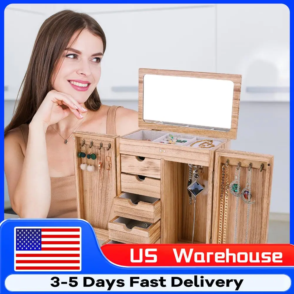 

Ретро-шкатулка для украшений из дерева, 5-слойный органайзер для ювелирных изделий с выдвижными ящиками/зеркалом, напольная подставка для украшений для туалетного столика
