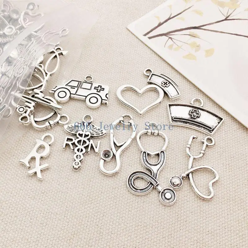 F2TD 72Pcs Mixed Antique Silver Doctor Nurse Charms Stethoscope Syringe Ambulance Pendant for DIY Necklace Jewelry Making