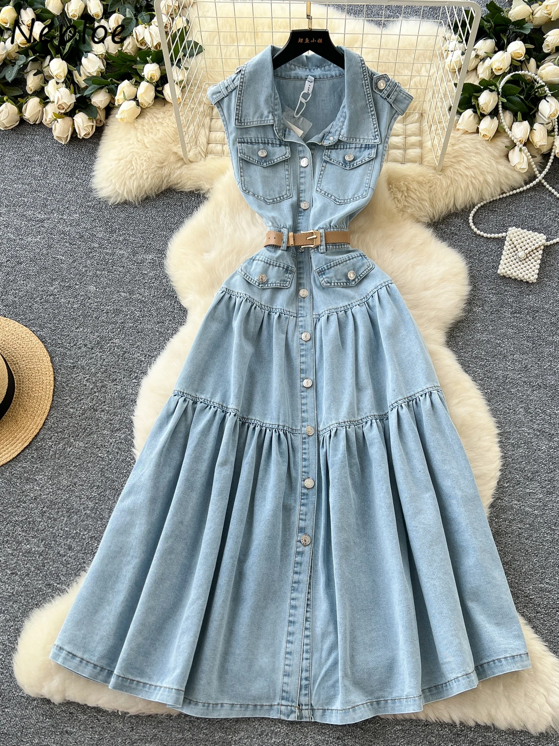 

Neploe Moda Trendy Europe Turn-down Collar Vestido Slim Waist Cardigan Denim Summer Ruched Robe Ruched Ball Gown Casual Dress