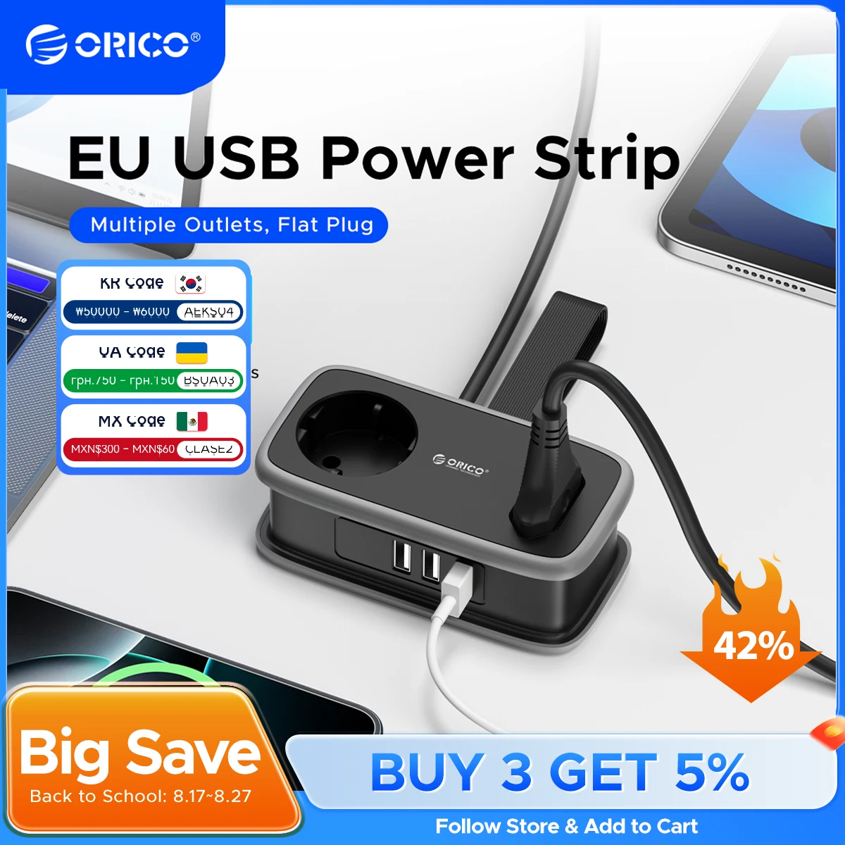 

ORICO EU Plug Electrical Power Strip 2 AC Outlets 2 USB 1.1M Extension Cord Ports 15.5W Fast Charging Universal Travel Adapter