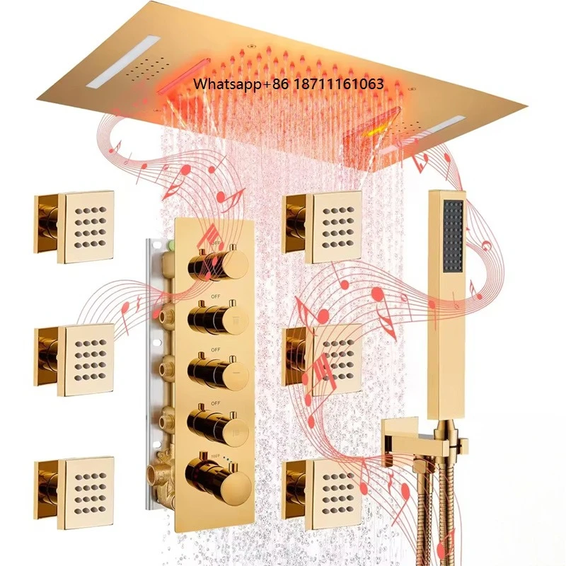 

Large Size LED Music Shower System Thermostatic Concealed Shower Mixer Rainfall Shower Set Gold Faucet System
