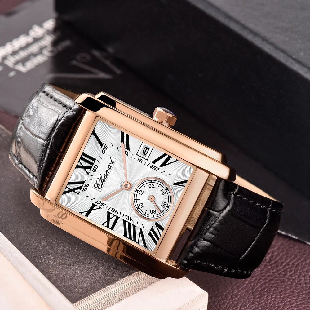 첸시 패션 캐주얼 쿼츠 남성용 시계 방수 캘린더 디스플레이 남성 시계 비즈니스 가죽 밴드 남성용 손목시계