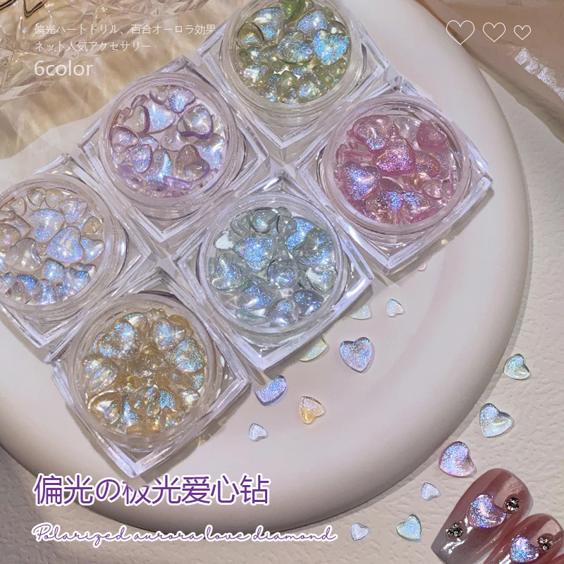 30Pcs Symphony Glitter Love Heart Nail Art Decoration 4/5.5/7mm Aurora Love Resin Nail Charms Christmas Manicure Jewelry &*&