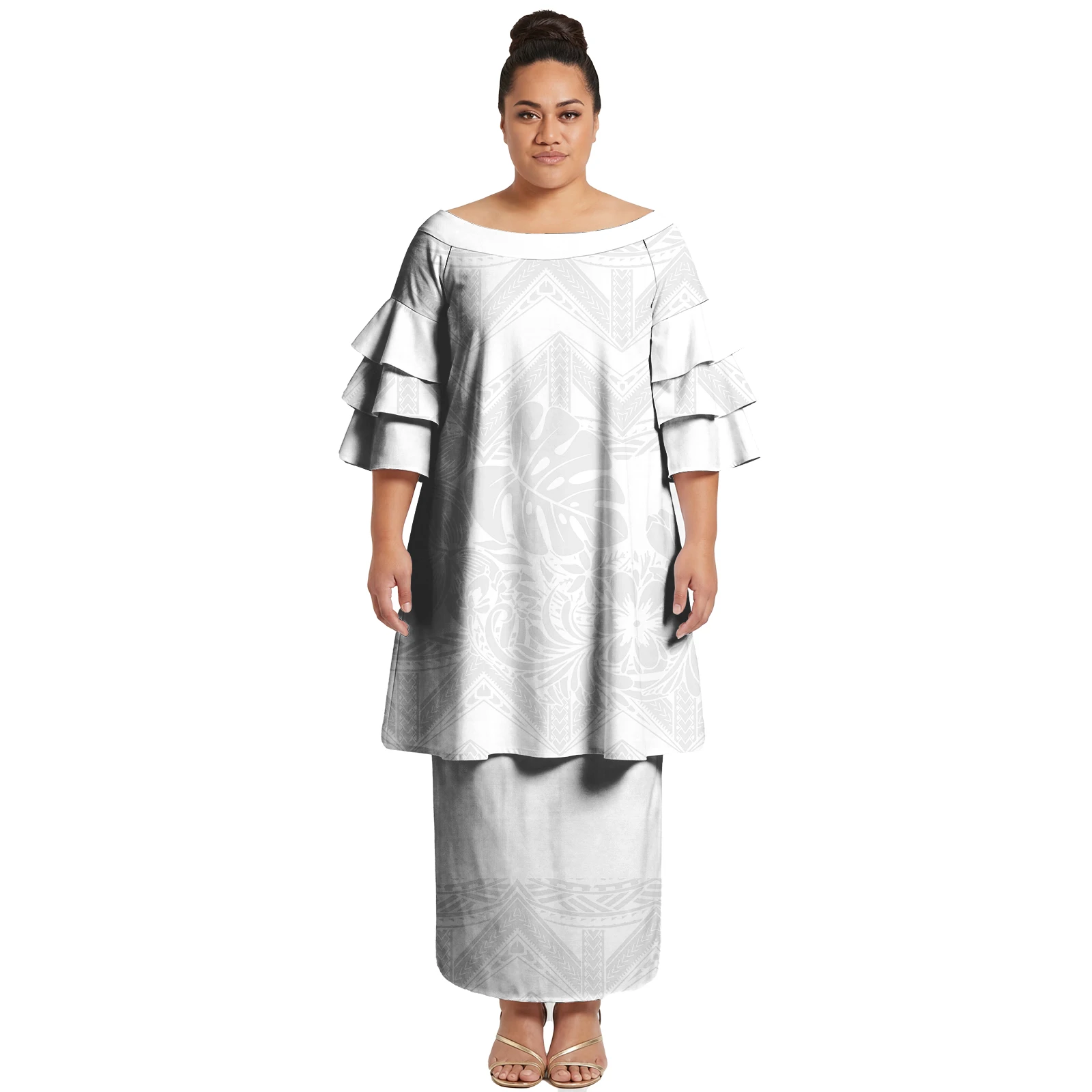 

New Arrivals Hawaiian Floral Petal Layered Sleeve Samoan Polynesian Tropical Pattern Elegant Women White Puletasi 2 Piece Set