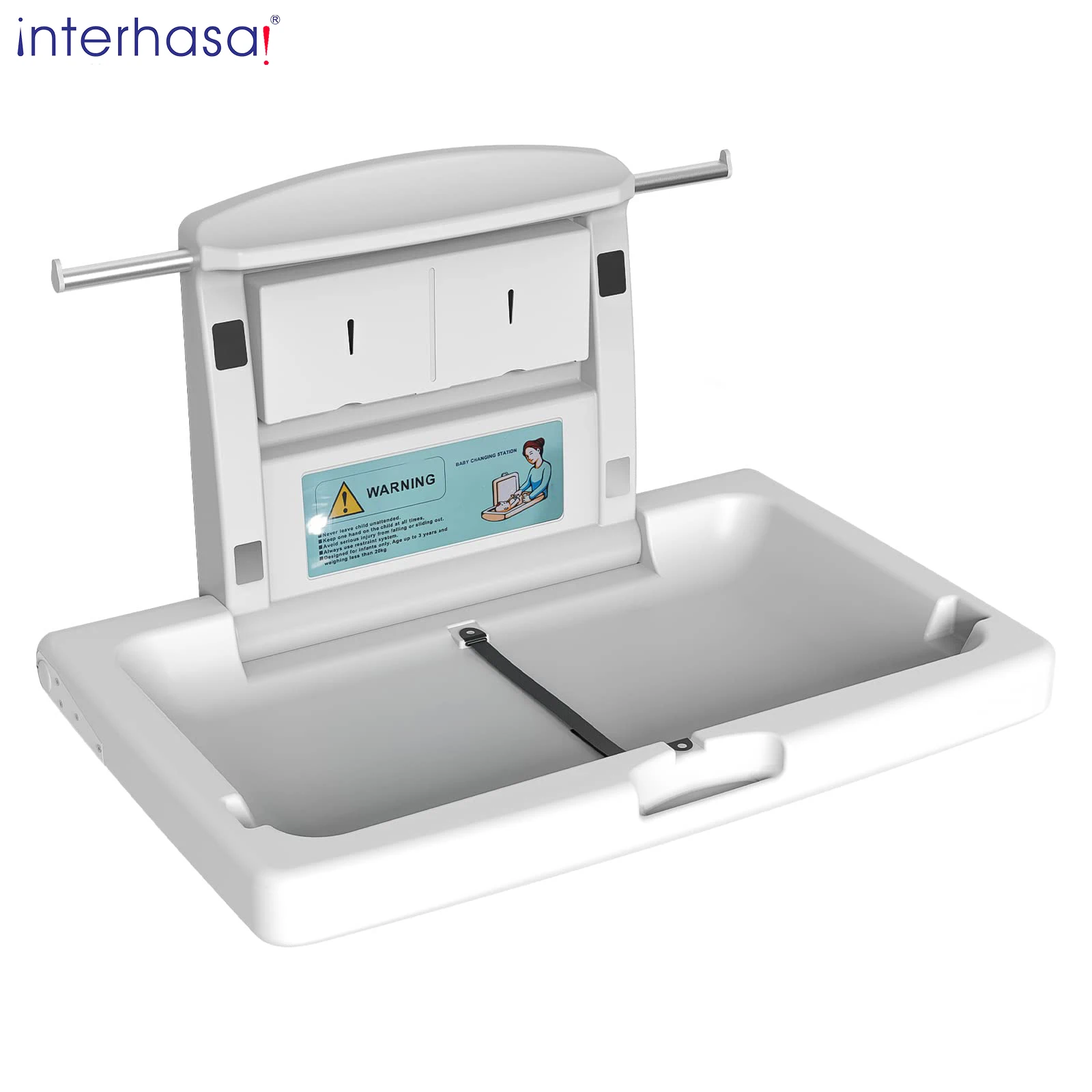 

interhasa! Baby Changing Station Commercial Wall Mounted Fold Down Baby Changing Station with Adjustable Safety Strap