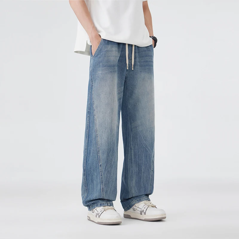 

Men's Denim Jeans Loose Wide Leg Jeans Lyocell Fabric Elastic Waist Drawstring Light Blue Patched Summer Breathable Pants
