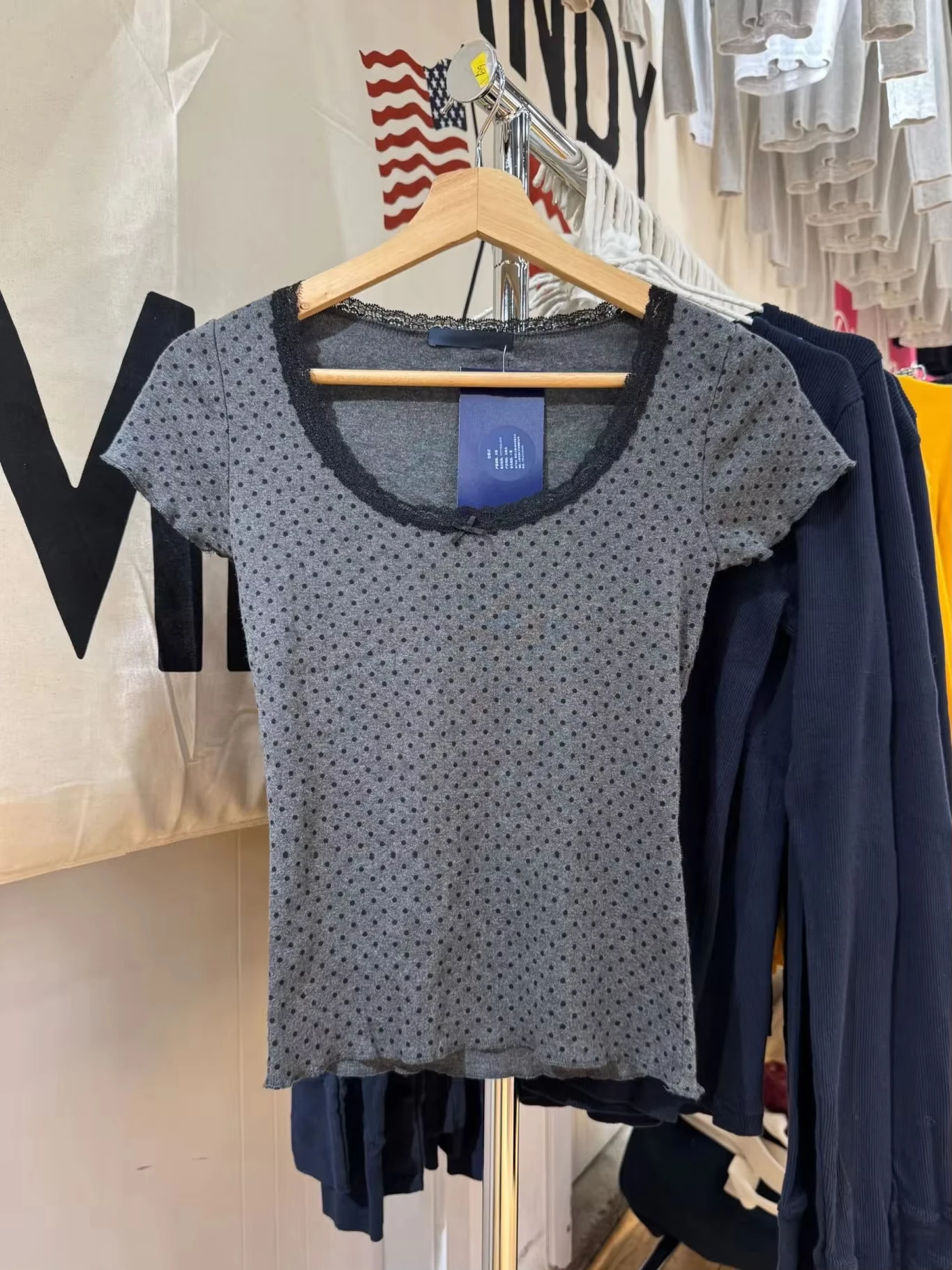 

Dot Print Dark Gray Slim T-shirt Women Lace Trim Scoop Neck Soft Cotton Short Sleeve Tops Tees Vintage Sweet Cute Y2k T-shirts