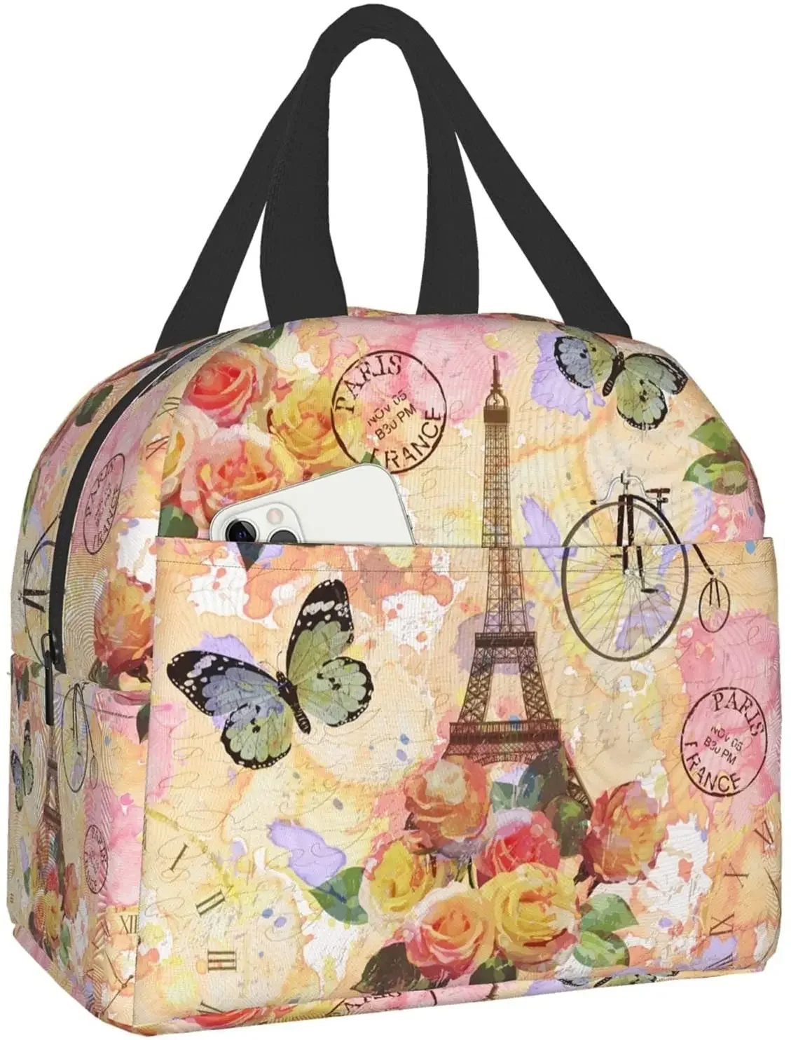 Paris Eiffel Tower and Flowers Lunch Bag Compact Tote  Reusable  Box Container for Women School Office Work