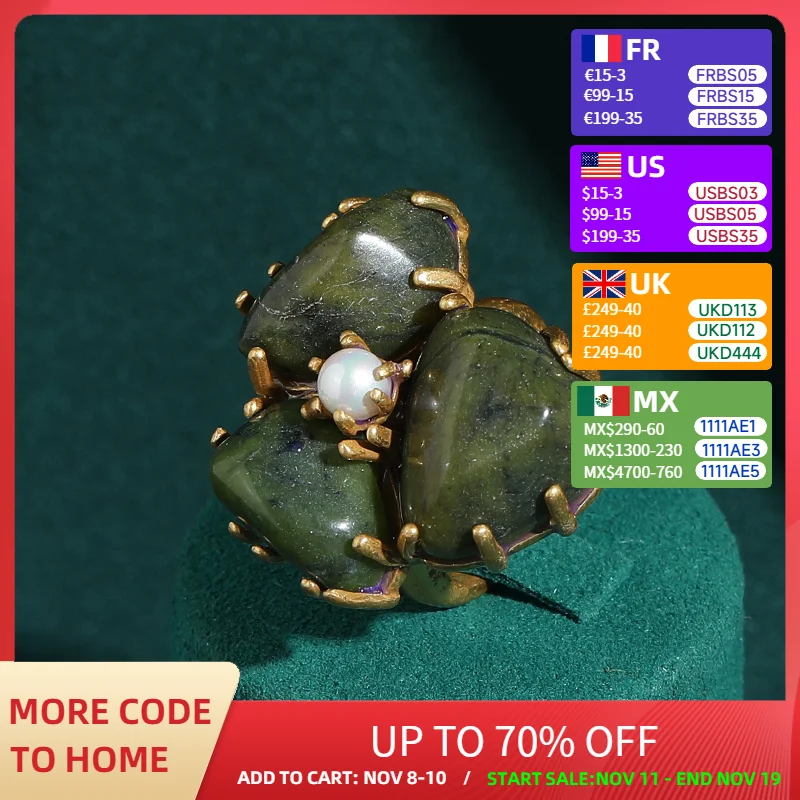 

Vintage Antique Jewelry Green Ring Shaped Natural Stone Petal Flower Pearl Gold Color Luxury Accessories For Women New 2025