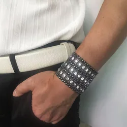 Classic Fashion Men's Retro Punk Style Elastic Bracelet Alloy Rhinestones Hand-made Beaded Wide Multi-layer Bracelet