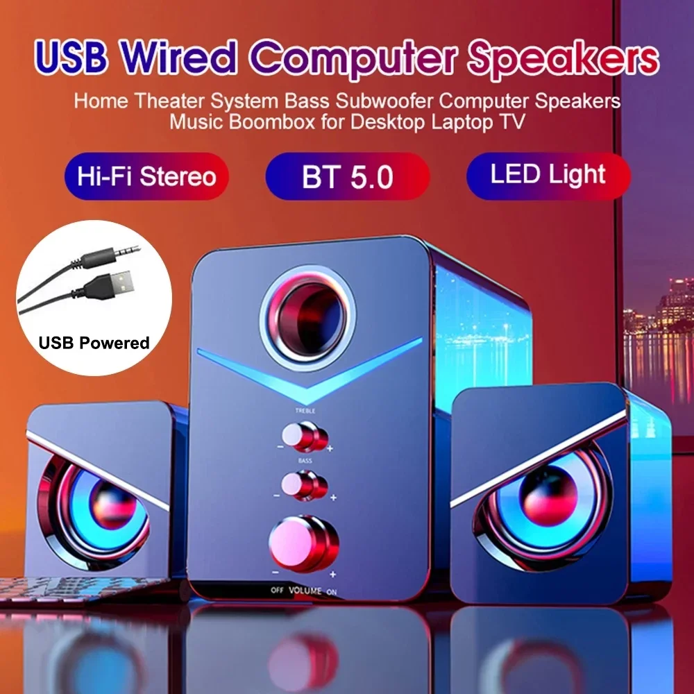 

USB компьютерные светодиодные колонки, стерео бас-сабвуфер, проводной разъем 3,5 мм для настольного ПК