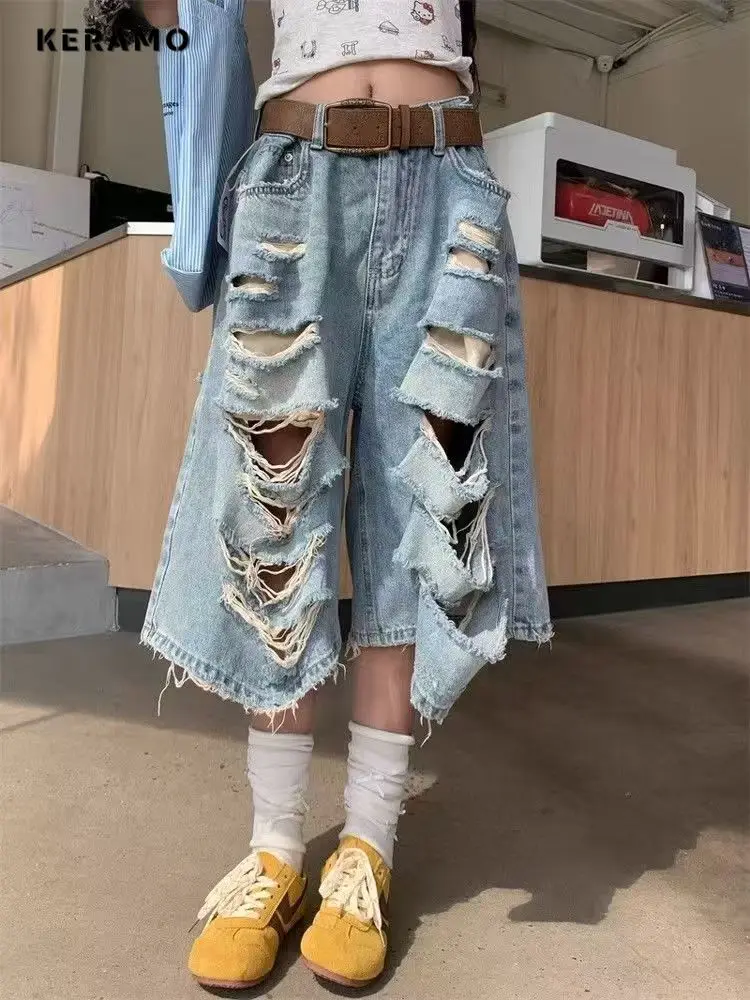 

Summer Women Vintage High Waist Baggy Wide Leg Denim Shorts Hole Straight Knee Length Short Pants Y2K Streetwear Denim Shorts
