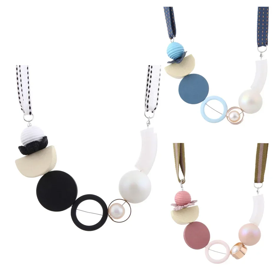 Geometric Circle Wooden Round Sweater Chain Necklaces Imitation Pearls Necklace for Woman Girl Jewelry