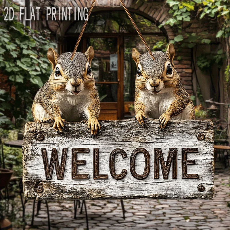 2D Flat,Rustic Farmhouse Welcome Sign with Cute Squirrels,Cabin - Recycled Wood Decoration -  Housewarming Gift