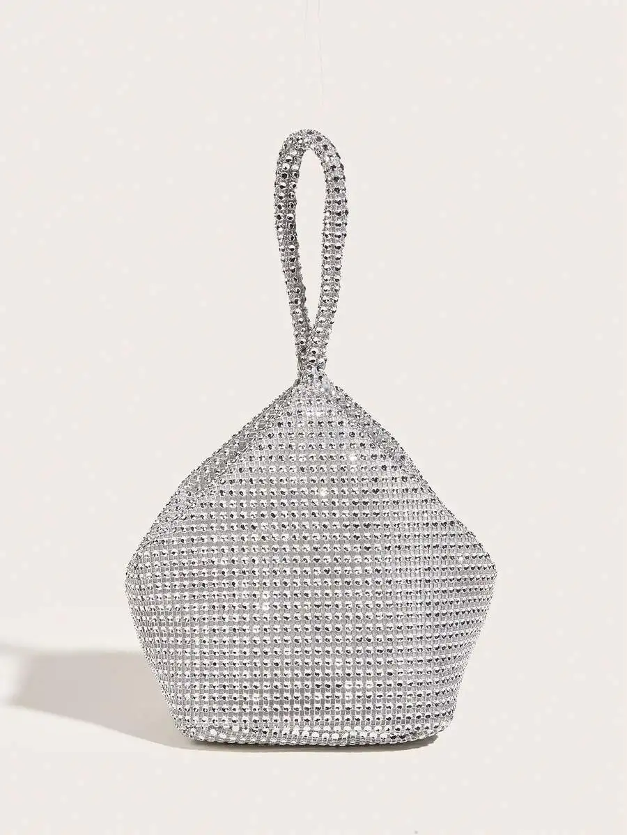 

Sparkling Rhinestone Mini Bucket Clutch With Drawstring Handle For Evening Wedding Party Events