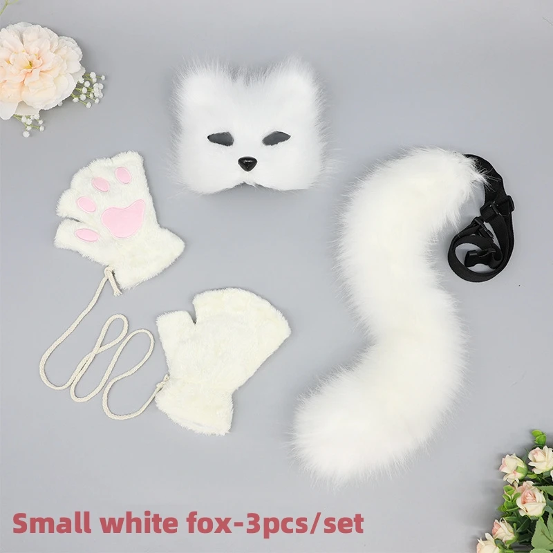 3 pz/set Mezza Faccia Orca Coda di Gatto Animale Peluche Unisex Coda Pelosa Guanti di Halloween Artigli di Gatto Zampe Finte Guanto Fursuit Coda di Volpe