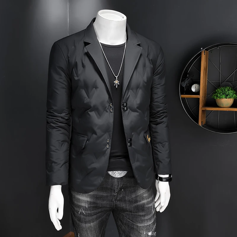 Autumn Winter Embroidery Men's Down Coats Luxury Solid Color Single Breasted White Duck Down Male Blazers Man Overcoats