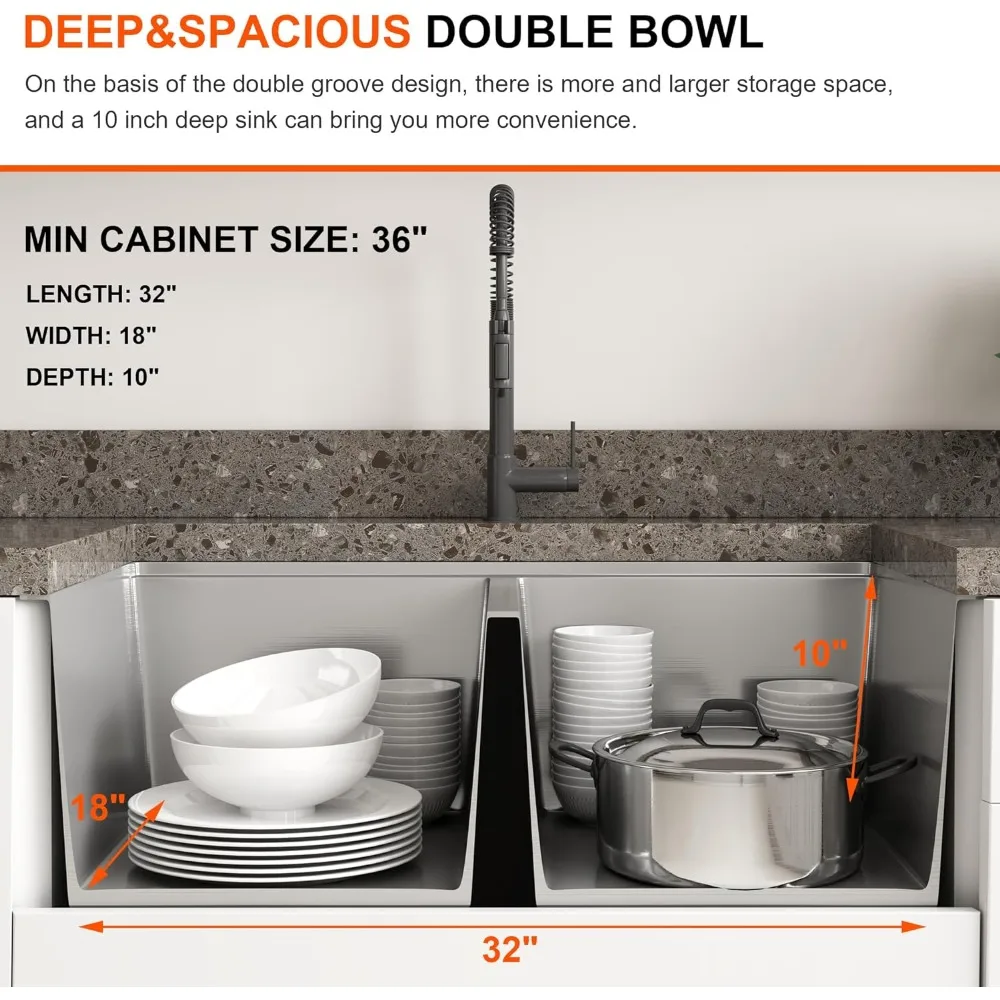 32 Inch Double Bowl Kitchen Sink with Accessories, Strainer & Bottom Grid Are Included, 50/50 Double Bowl Ledge Kitchen Sink