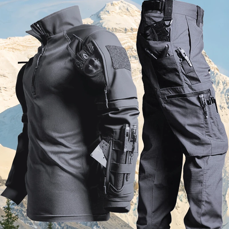 

Весенне-осенний мужской тактический комплект для активного отдыха: спортивная тренировочная футболка-рубашка с быстрым высыханием, дышащая, с множеством карманов, для сауны и тренировок.