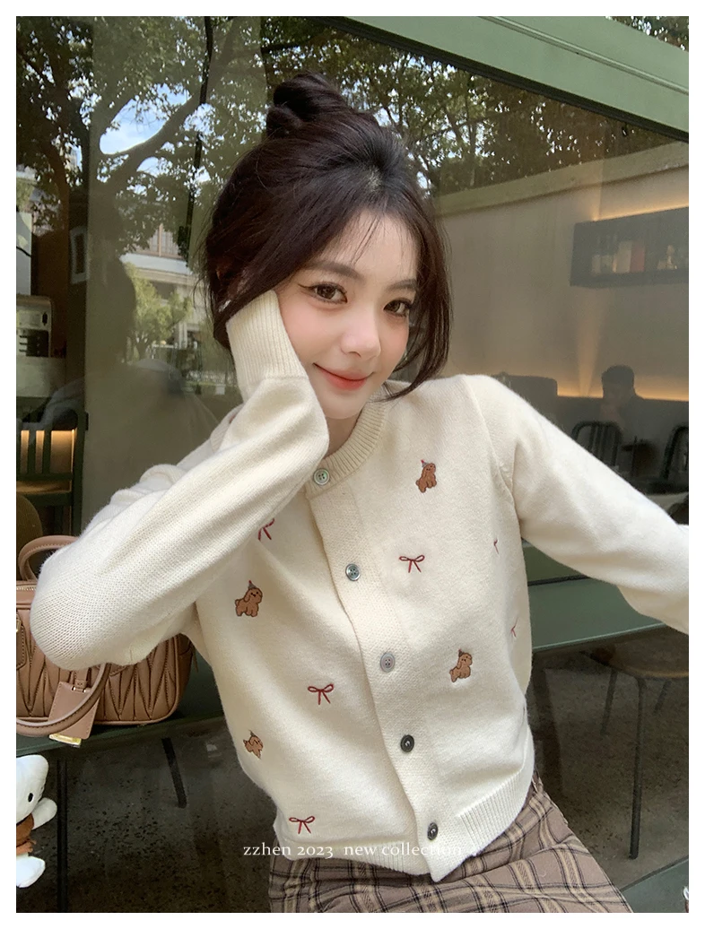 Stylish Elegant Embroidery Cardigan Sweater Women Chic Fashion Ladies Knitwear Tops 2024 Autumn Long Sleeve O-neck Female Jumper