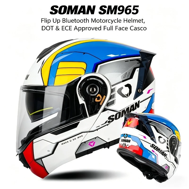 SOMANSM965 Motorcycle Bluetooth Helmet Flip Up Moto Helmet Dual Visor Full Face Helmet Accessories DOT ECE Approved Cascos Para