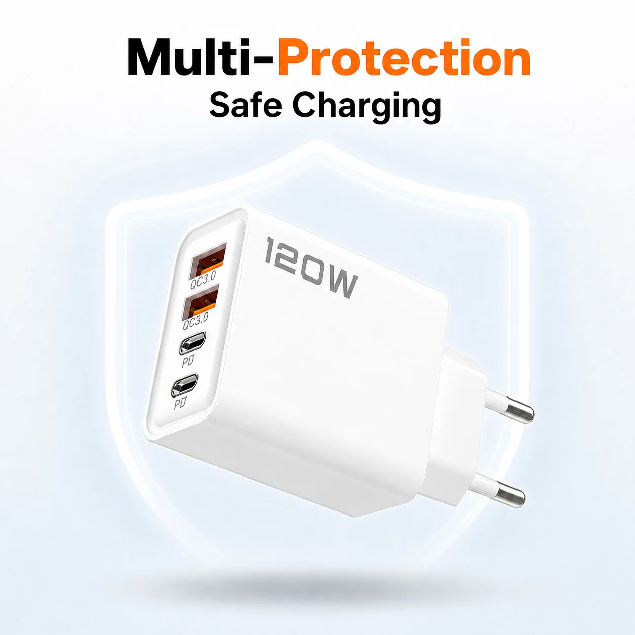120W USB C Charger 4-Port Fast Charging, Dual PD + QC for iPhone, Samsung, Xiaomi, Huawei, iPad, Multi-Device Wall Charger EU
